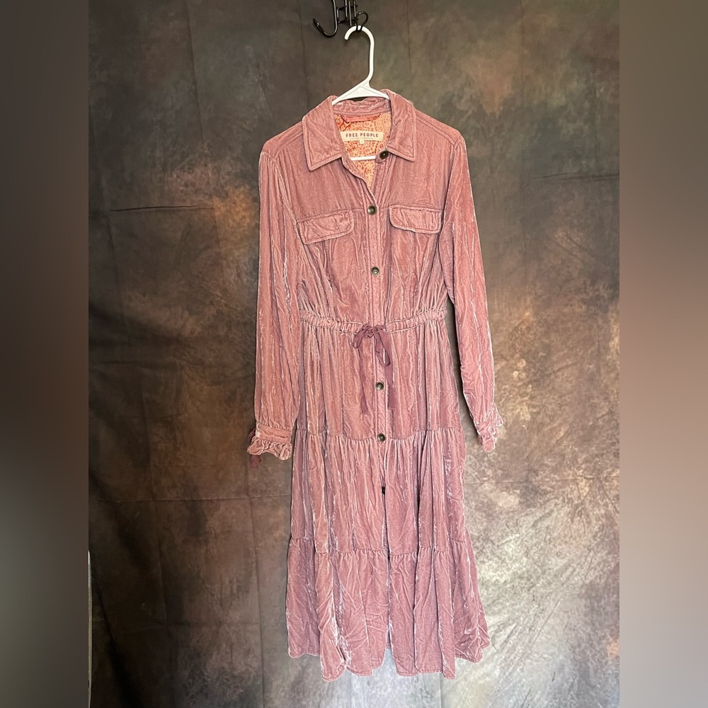 Free People Dusty Pink Velvet Long Sleeve Duster - Picture 2 of 16